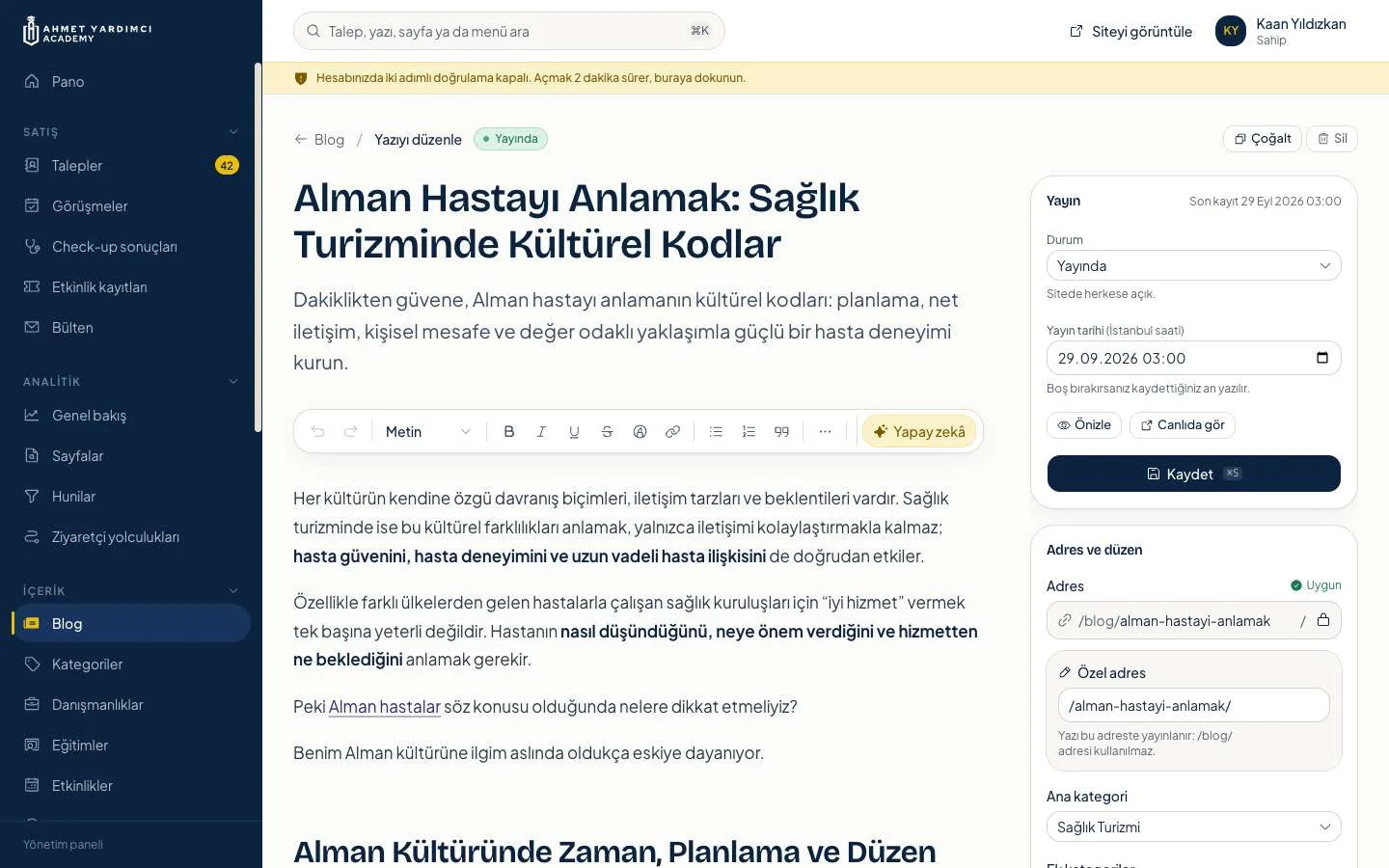 Panel, content editor: publish date, address and the AI helper on one screen.