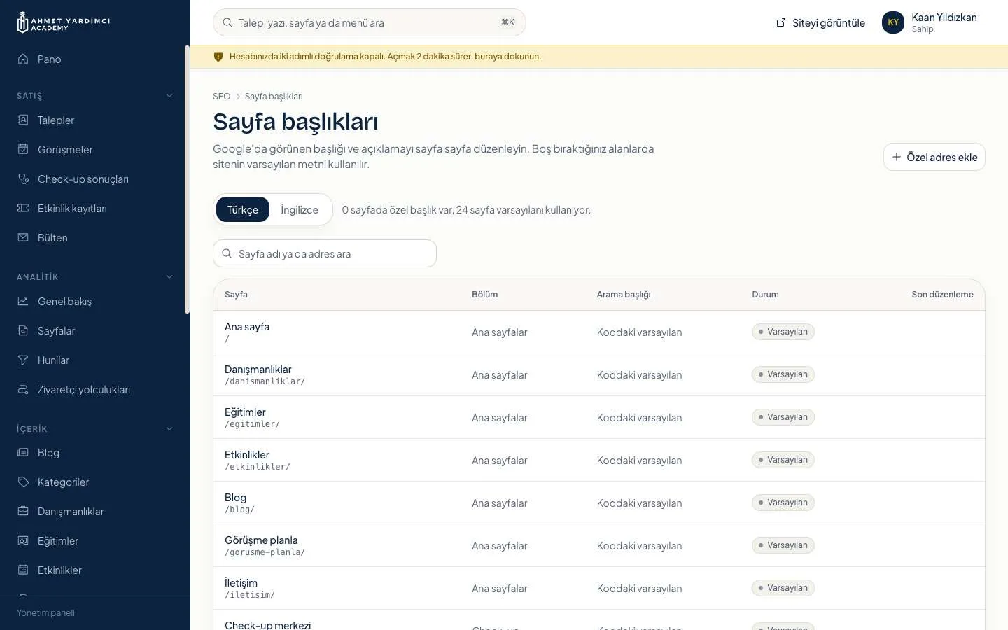 Panel, page titles: the title and description shown on Google, edited page by page.