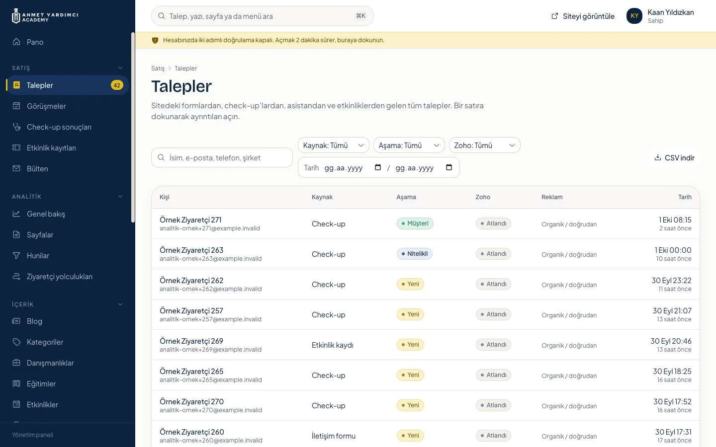 Panel, enquiries (sample data): each enquiry with its source, stage and CRM sync status.