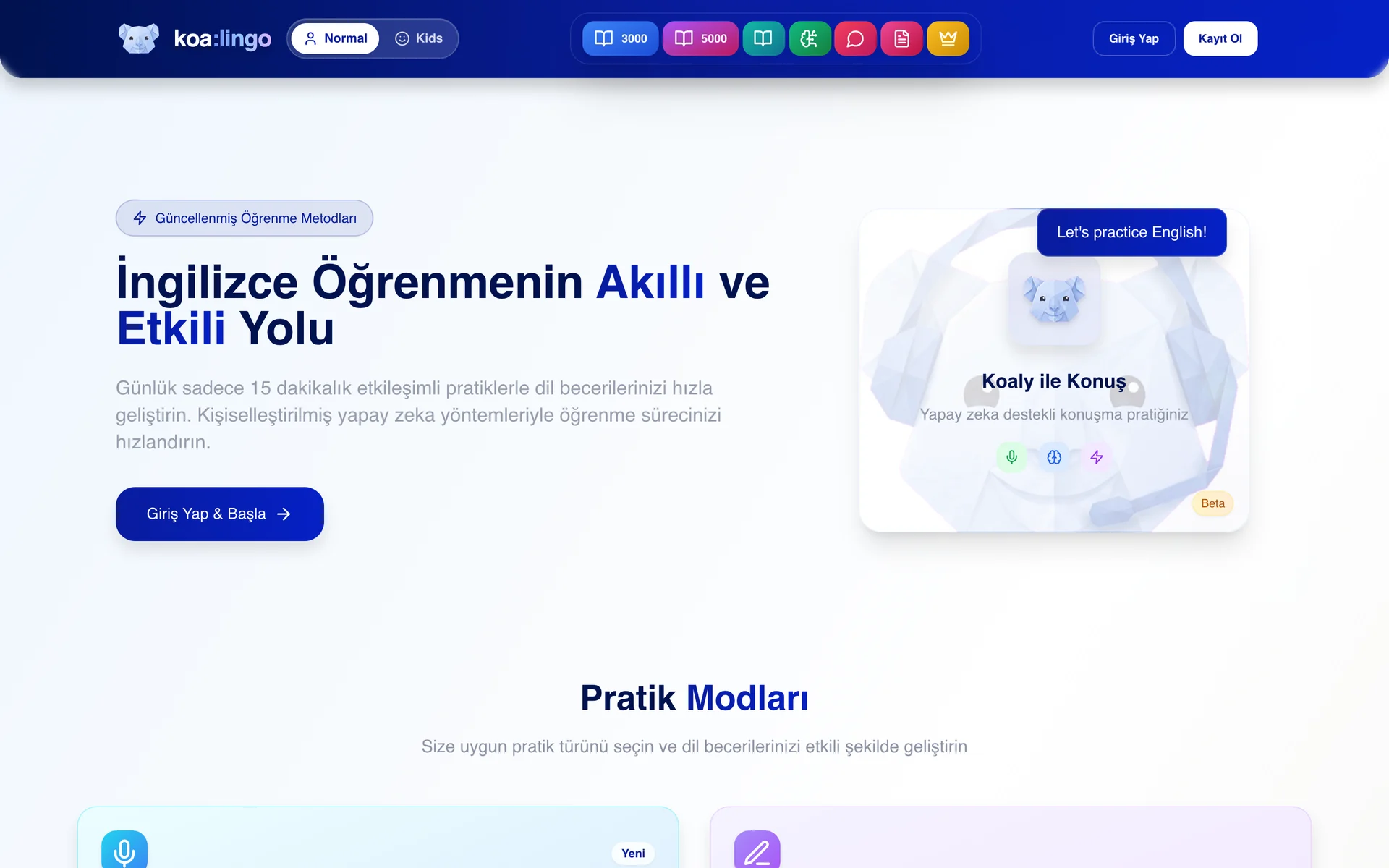 Pratik: yapay zeka destekli konuşma ve yazma modları.