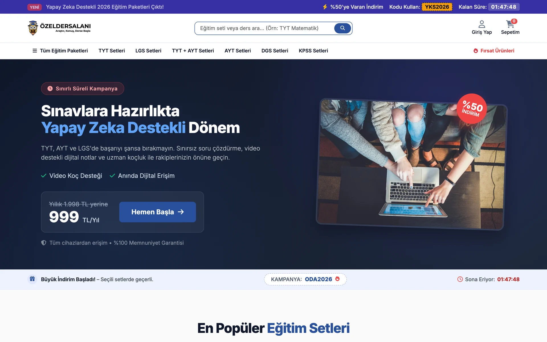 Ders Alanı: the digital product storefront where prepared course bundles are sold, with campaign mechanics.