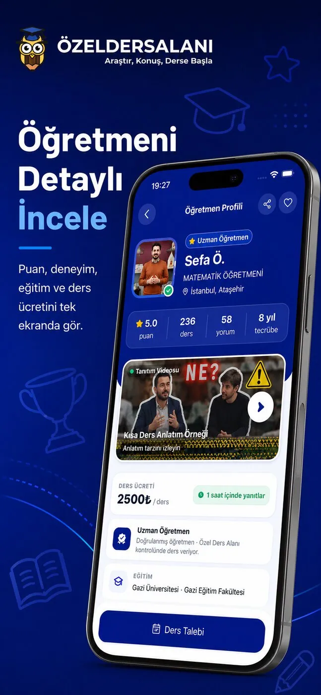 Öğretmen profili: puan, deneyim, eğitim, tanıtım videosu ve ders ücreti tek ekranda.