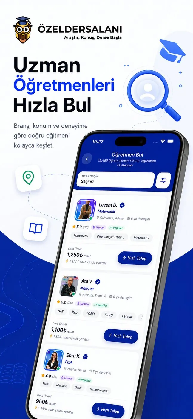 Hızlı arama: branş, konum ve deneyime göre filtrelenen eğitmen listesi, puan ve ders ücretiyle.