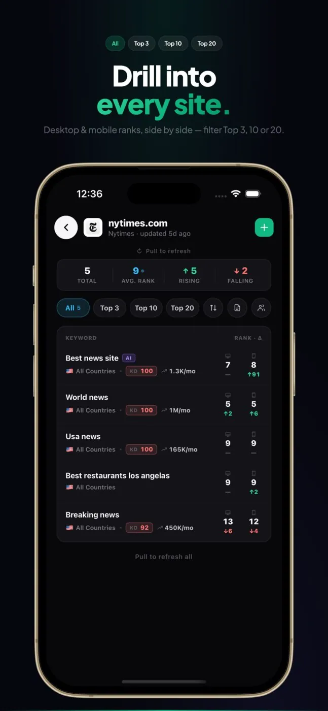 Site kırılımı: Top 3, Top 10 ve Top 20 filtreleriyle bütün kelimelerin durumu.