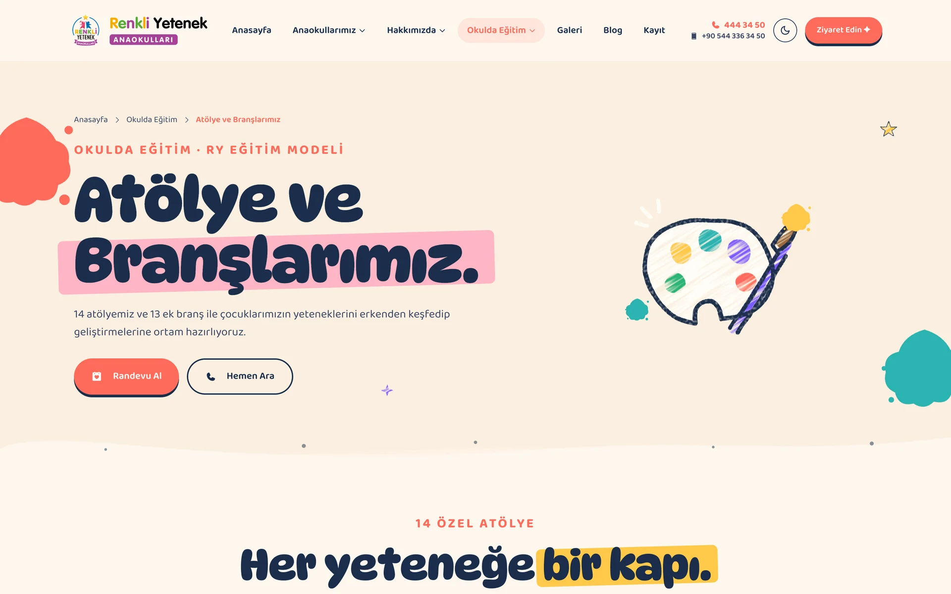 Atölye ve branşlar: on ayrı atölyenin kendi kartı ve içerik sayfası.