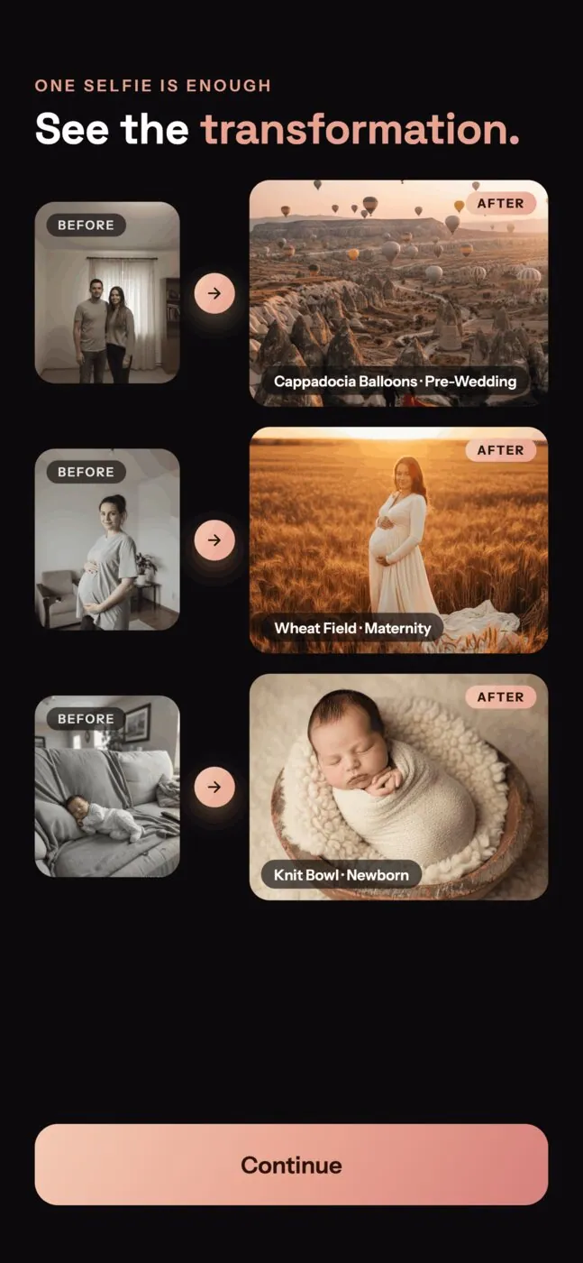 Before and after: pre-wedding, maternity and newborn frames from the same person.