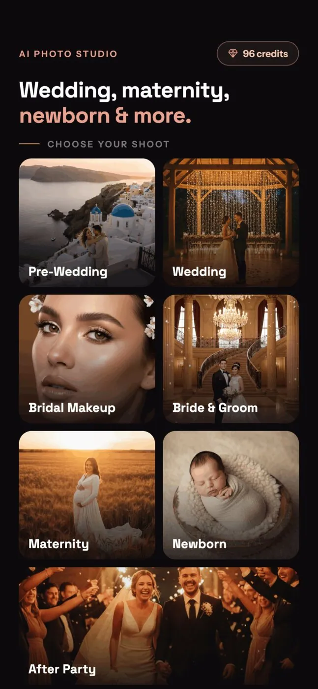 Choosing a shoot: pre-wedding, wedding, bridal makeup, maternity, newborn and after party.