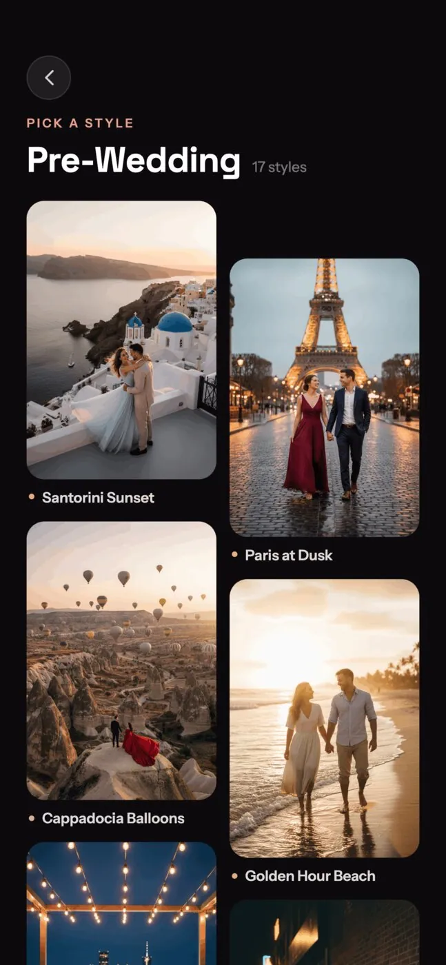 Style library: dozens of crafted looks per theme, from Santorini sunsets to Cappadocia balloons.