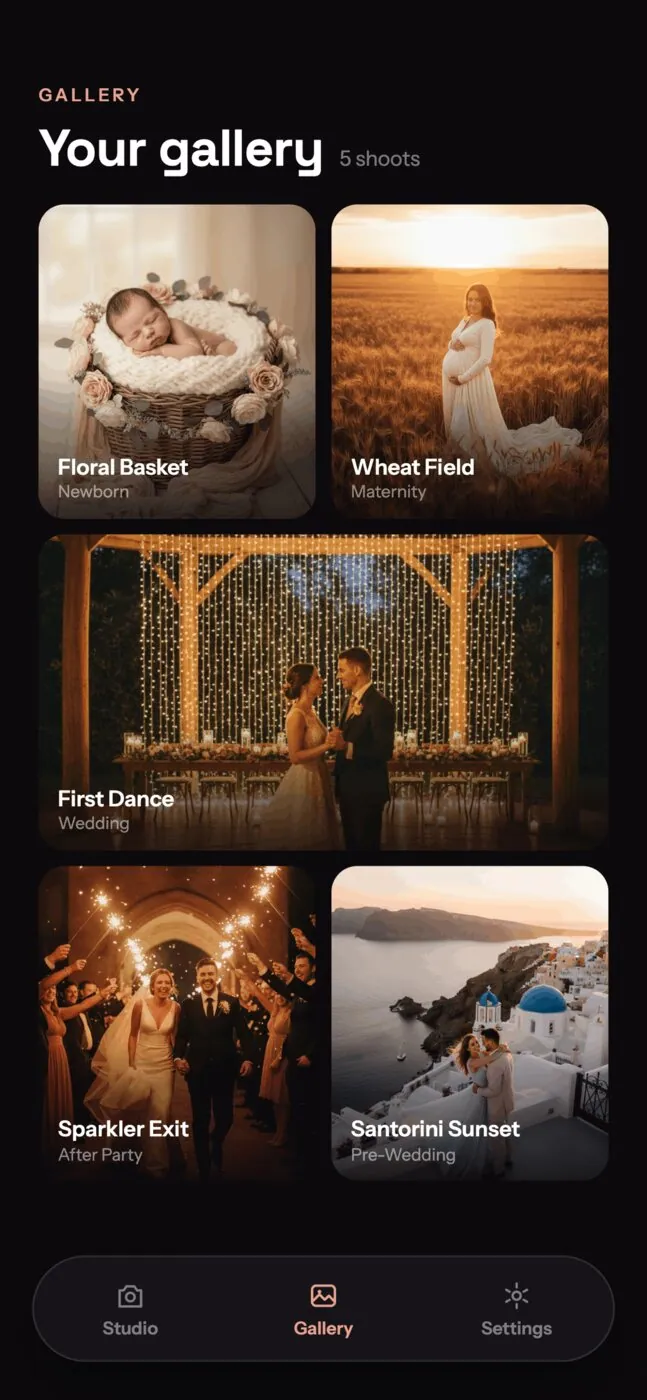 Gallery: every finished shoot archived with its theme tags.
