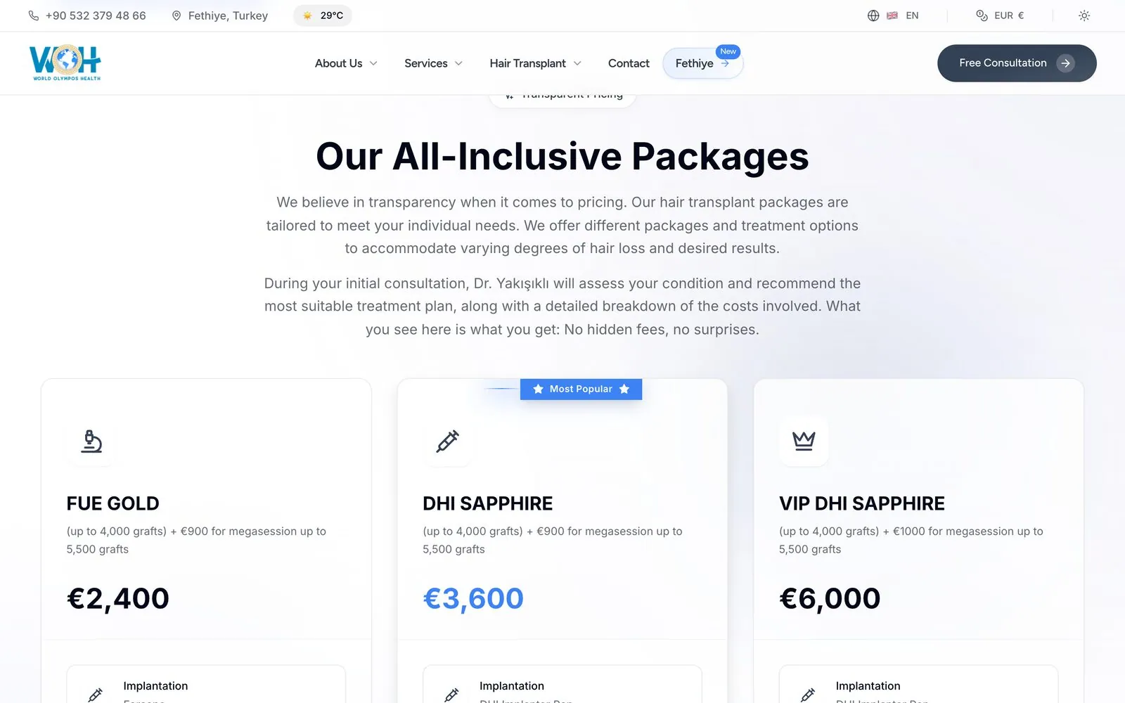 Transparent pricing: all inclusive packages with their contents, priced in the visitor's own currency.